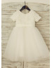 Ivory Rosette Tulle Flower Girl Dress with Short Sleeves